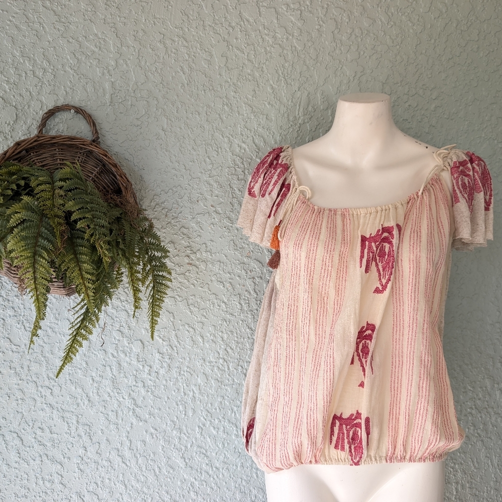 Free People‎ Pukka Top Off Shoulder Tassel Embroidery Boho Festival Size L - Picture 3 of 7